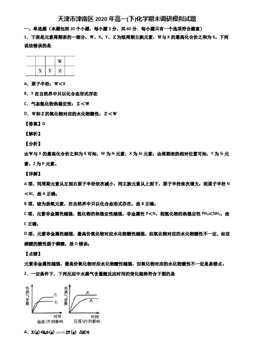 天津市津南区2020年高一(下)化学期末调研模拟试题含解析