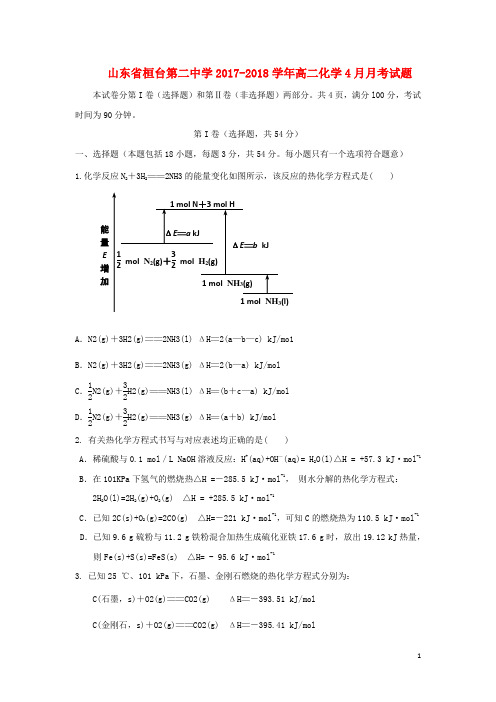 山东省桓台第二中学2017_2018学年高二化学4月月考试题