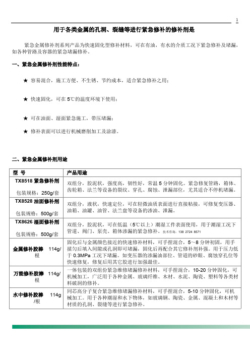 用于各类金属的孔洞、裂缝等进行紧急修补的修补剂是