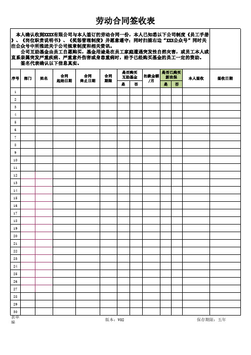 劳动合同签收表[空白模板]