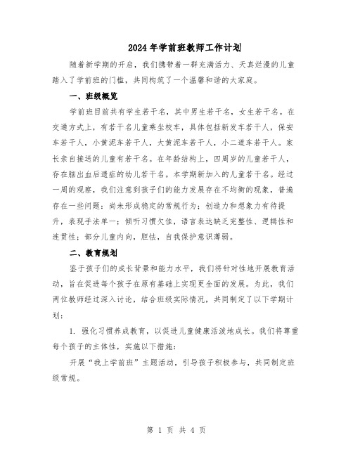 2024年学前班教师工作计划（二篇）