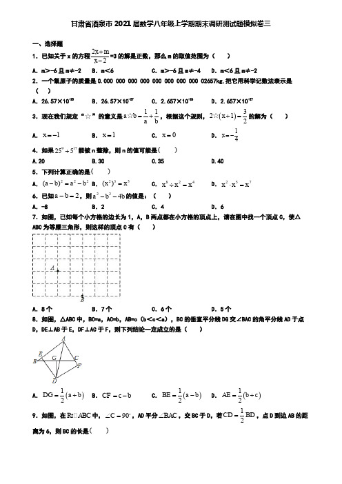 甘肃省酒泉市2021届数学八年级上学期期末调研测试题模拟卷三