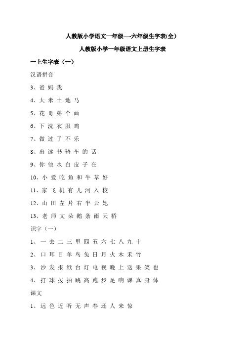 小学语文一至六年级生字表