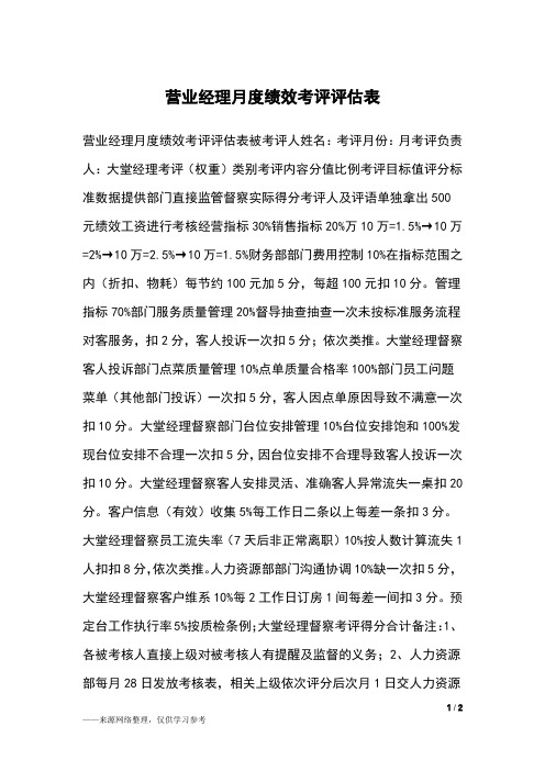 营业经理月度绩效考评评估表