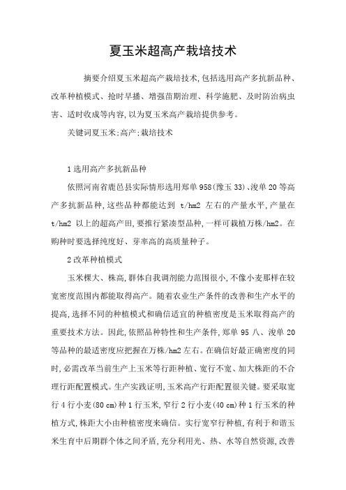 夏玉米超高产栽培技术