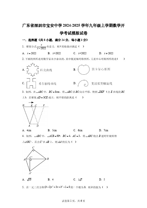 广东省深圳市宝安中学2024-2025学年九年级上学期开学考试模拟数学试题[含答案]