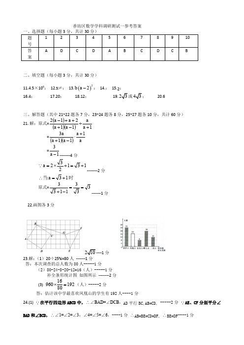 黑龙江省哈尔滨市香坊区初中毕业学年调研测试(一)数学试题参考答案