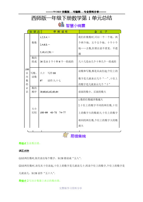 西师版一年级下册数学本册知识清单总结