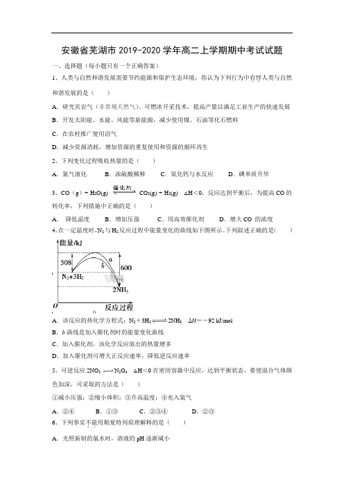 安徽省芜湖市2019-2020学年高二上学期期中考试化学试题化学