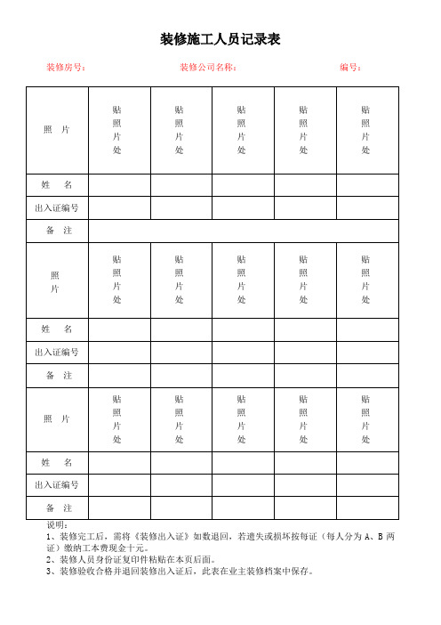 装修施工人员记录表