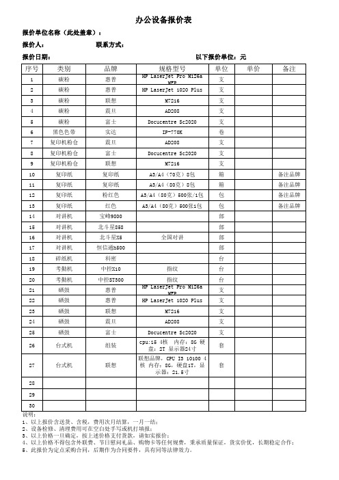 办公设备及耗材定点采购询价表