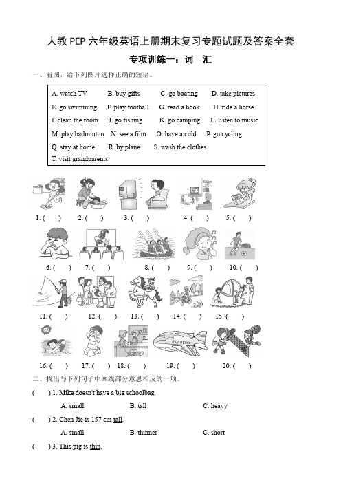 人教PEP六年级英语上册期末复习专题试题及答案全套