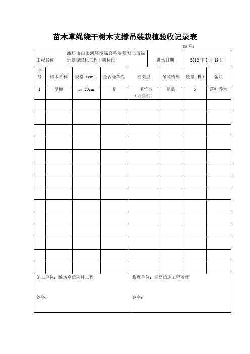 苗木草绳绕干树木支撑吊装栽植验收记录表
