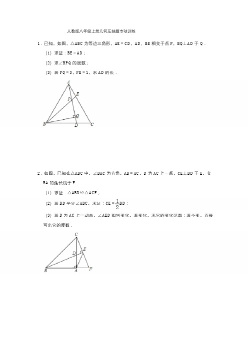 人教版八年级上册几何压轴题专项训练   含答案