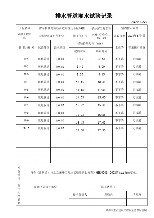 排水管道灌水试验记录