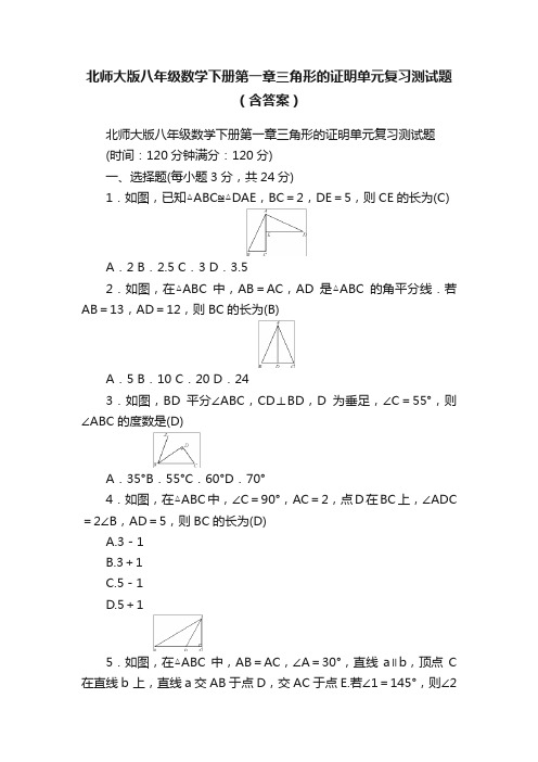 北师大版八年级数学下册第一章三角形的证明单元复习测试题（含答案）