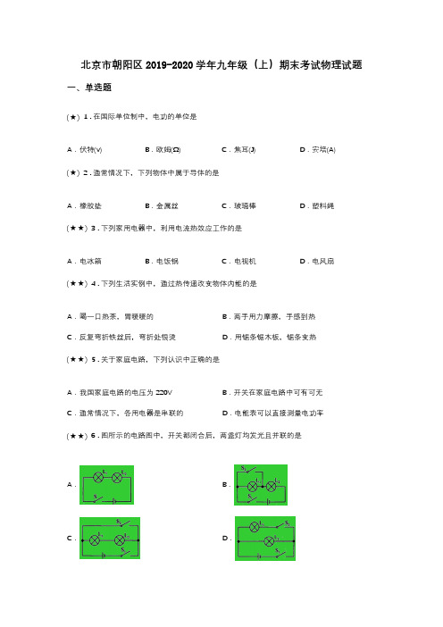 北京市朝阳区2019-2020学年九年级(上)期末考试物理试题(word无答案)