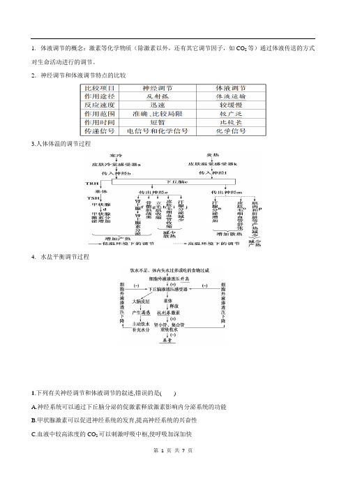 2021高二生物寒假作业同步练习题：神经调节与体液调节的关系