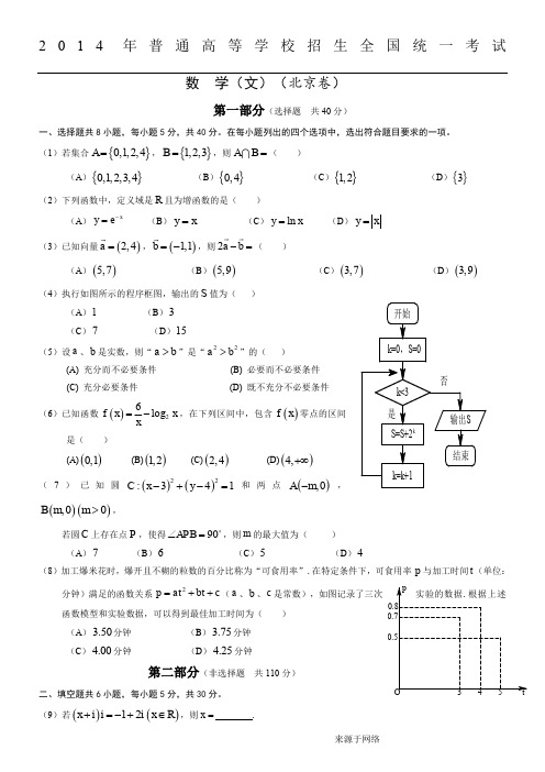 2014年北京高考(文科)数学试题及答案(完美版)