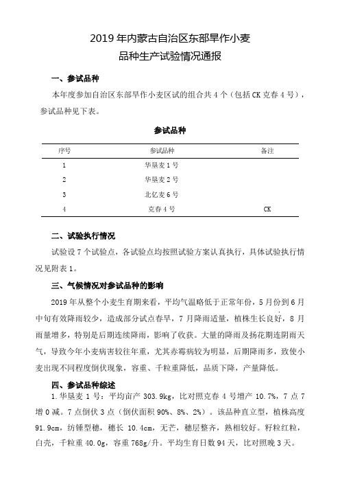 2019年内蒙古自治区东部旱作小麦