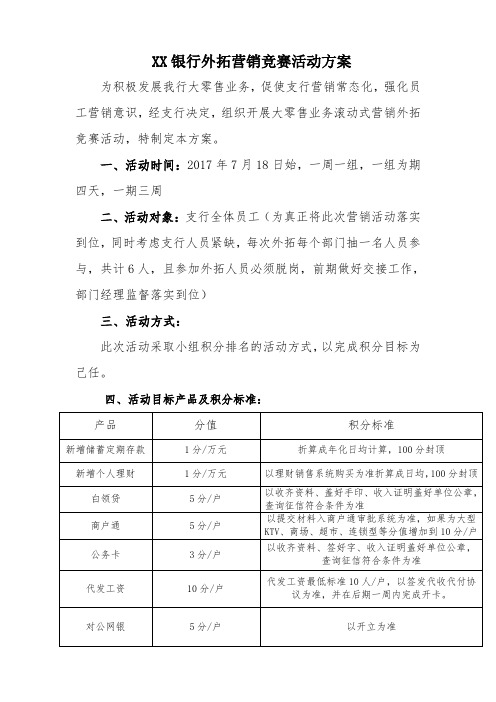 XX银行XX支行7月份外拓营销竞赛活动方案