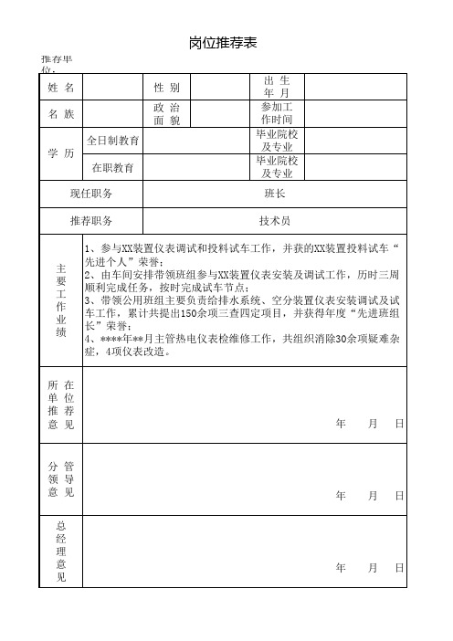 岗位推荐表(技术员)