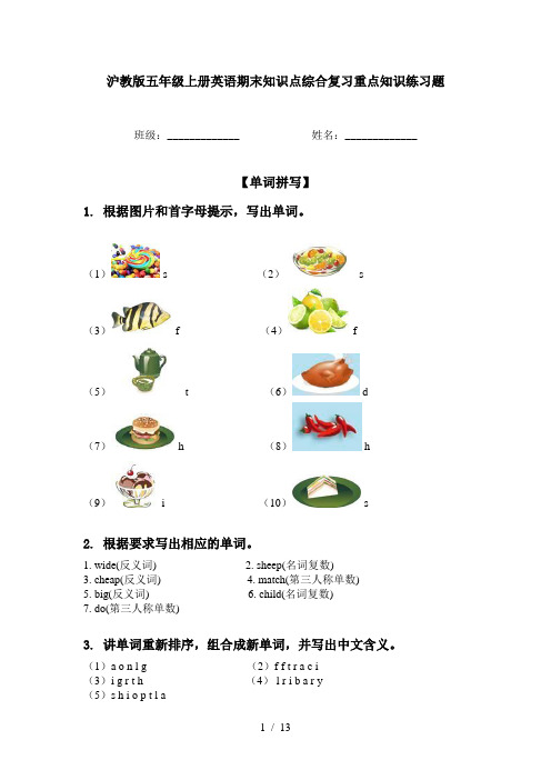 沪教版五年级上册英语期末知识点综合复习重点知识练习题