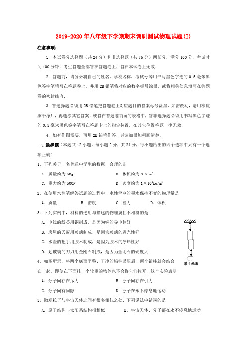 2019-2020年八年级下学期期末调研测试物理试题(I)