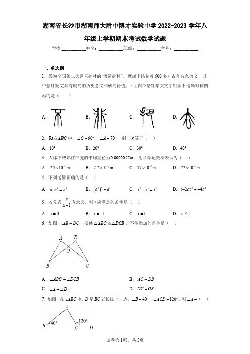 湖南省长沙市湖南师大附中博才实验中学2022-2023学年八年级上学期期末考试数学试题