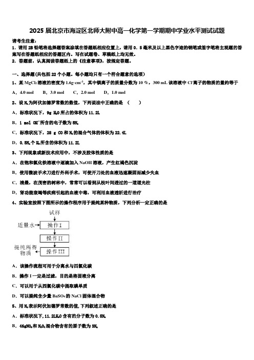 2025届北京市海淀区北师大附中高一化学第一学期期中学业水平测试试题含解析