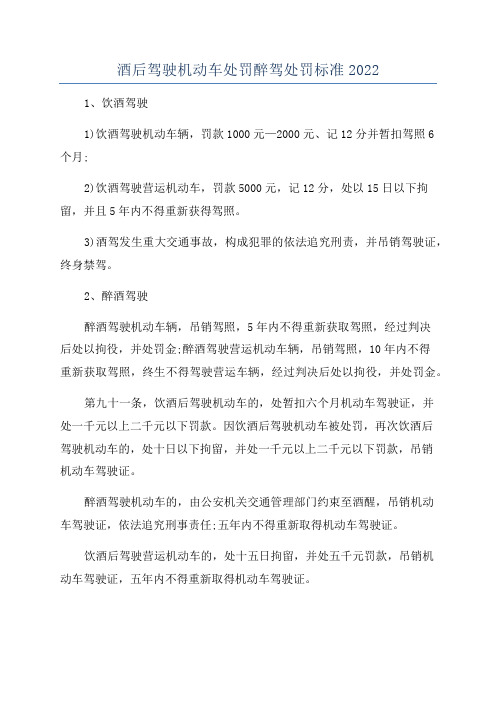 酒后驾驶机动车处罚醉驾处罚标准2022