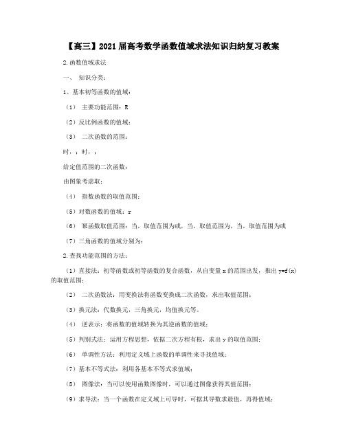 【高三】2021届高考数学函数值域求法知识归纳复习教案