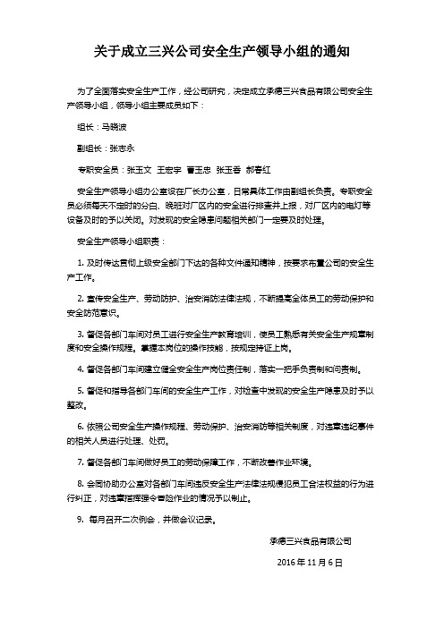 关于成立三兴公司安全生产领导小组的通知
