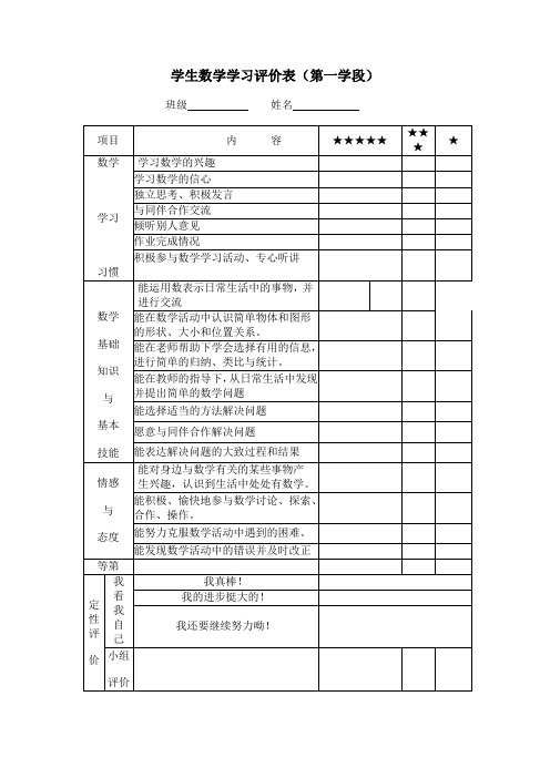 学生数学学习评价表