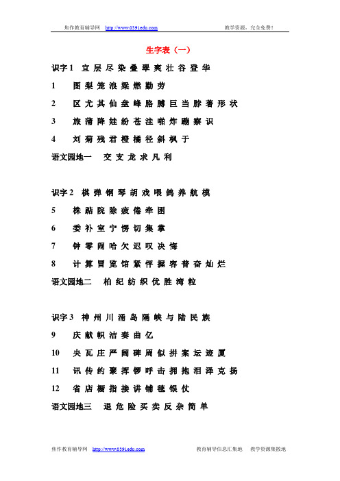 人教版小学二年级语文上册生字表