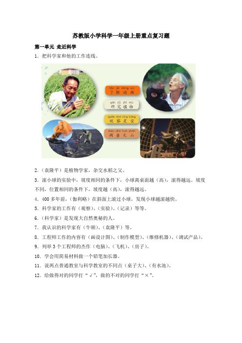 苏教版小学科学一年级上册复习题及期末试题(3套)