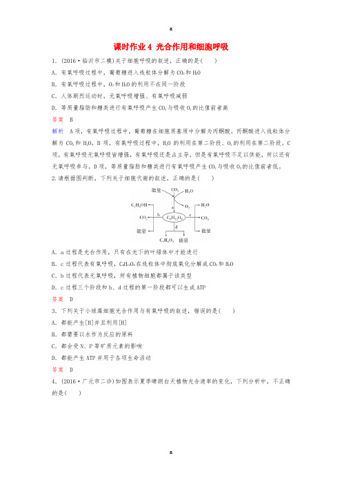 高三生物二轮复习 课时作业4 光合作用和细胞呼吸