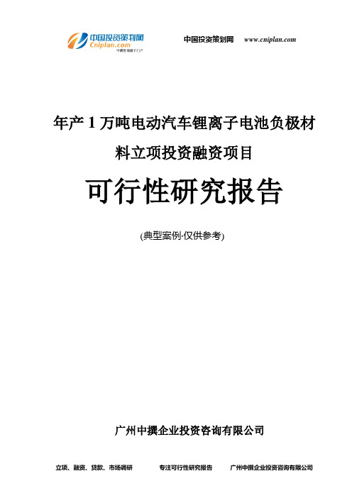 年产1万吨电动汽车锂离子电池负极材料融资投资立项项目可行性研究报告(中撰咨询)