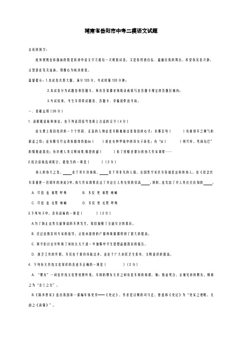 2020-2021学年湖南省岳阳市中考二模语文试题及答案