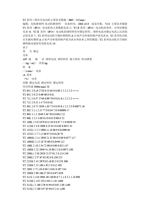 Y2系列三相异步电动机主要技术数据