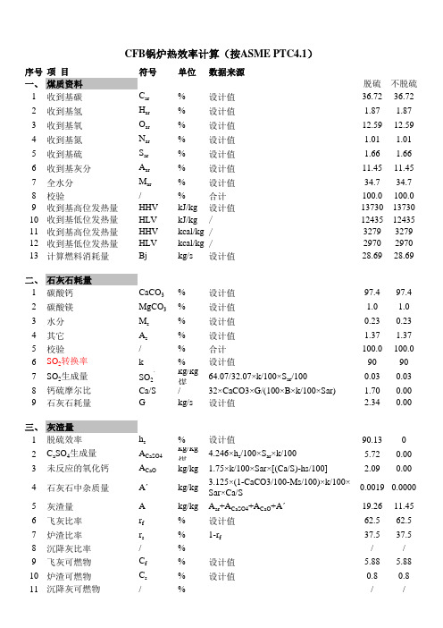 CFB锅炉热效率计算(按ASME PTC4.1)