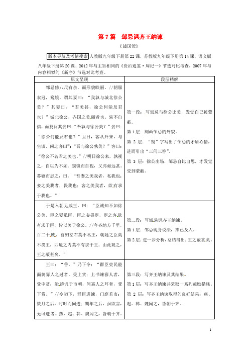 【中考试题研究】河南省2016中考语文 第一部分 古代诗文阅读 专题一 文言文阅读 第7篇 邹忌讽齐王纳谏