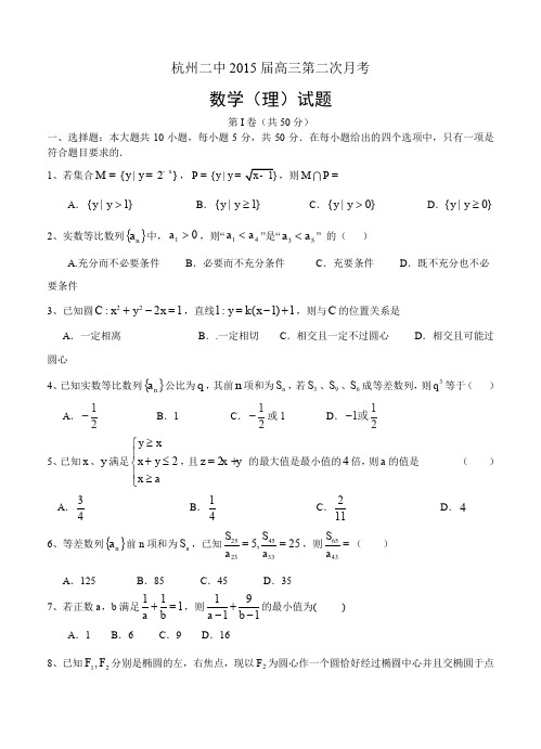 浙江省杭州二中2015届高三第二次月考 数学(理)--含答案