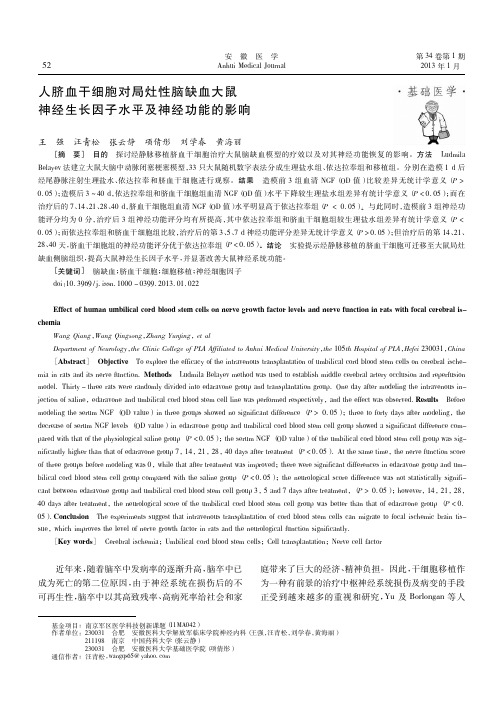 人脐血干细胞对局灶性脑缺血大鼠神经生长因子水平及神经功能的影响