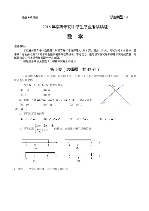 【中考真题】山东省临沂市2016年中考数学试题(附答案)