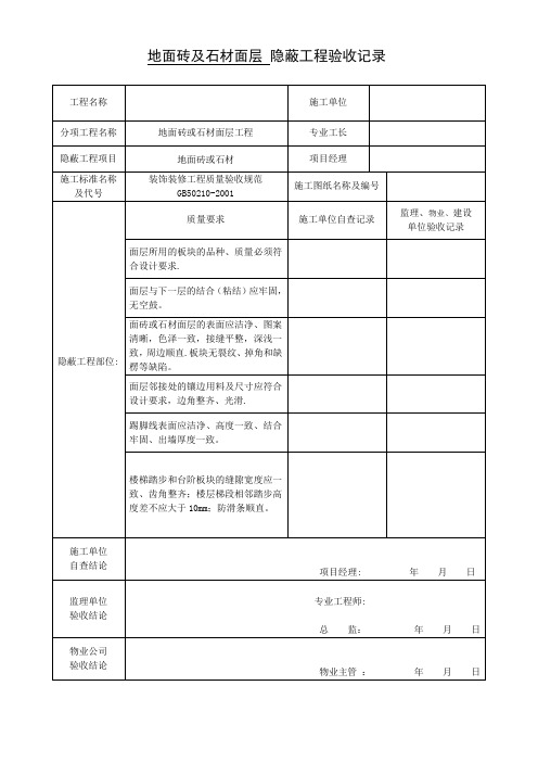 装饰装修隐蔽工程验收记录单