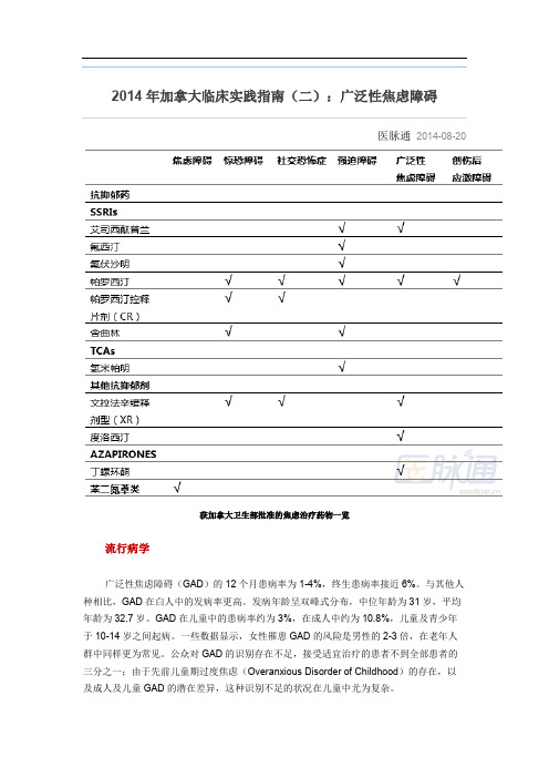 2014年加拿大临床实践指引广泛性焦虑障碍