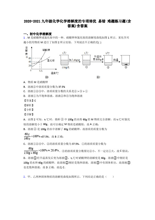 2020-2021九年级化学化学溶解度的专项培优 易错 难题练习题(含答案)含答案