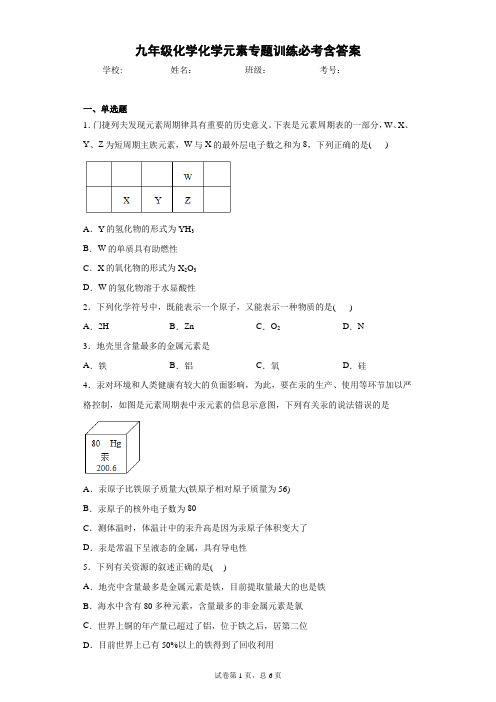 九年级化学化学元素专题训练必考含答案