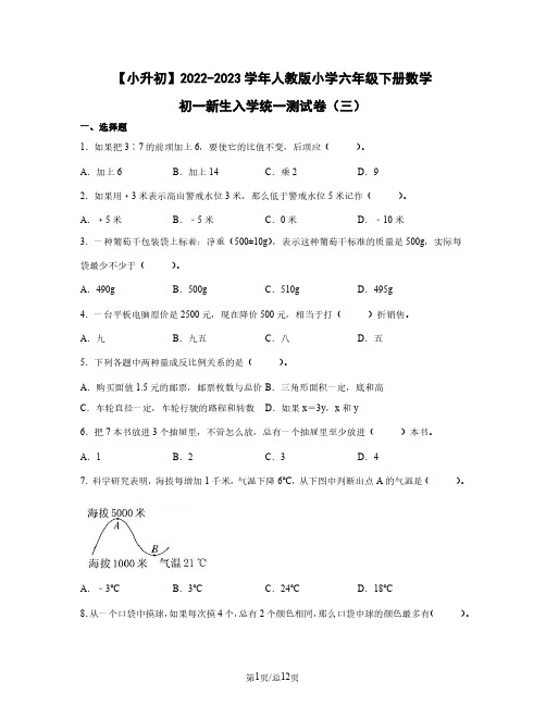 小升初2022-2023学年人教版小学六年级下册数学初一新生入学统一测试卷(三)含答案